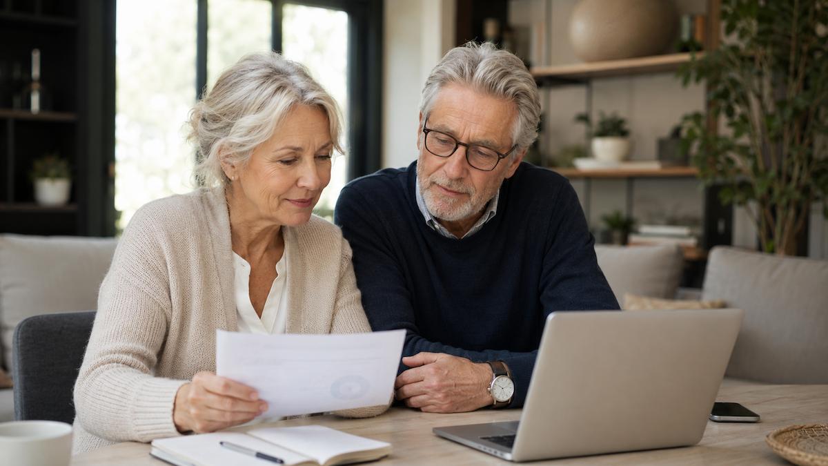 Couple de seniors heureux consultants leur dossier retraite